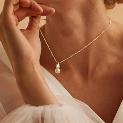 Pearl Necklaces for Women,Dainty Gold Pendant Necklaces Waterproof Jewelry | 14K Gold Plated Pearl Necklaces,Dainty Elegant Wedding Necklace,Small Cute Adjustable Minimalist Necklace,Non Tarnish Jewelry - color: GOLD-13