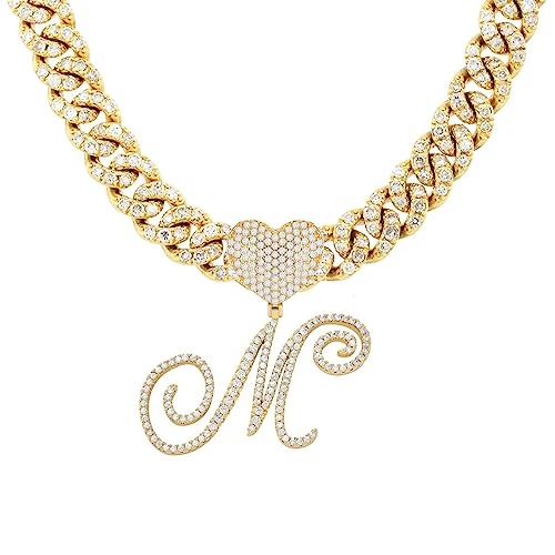Initial Necklaces Silver Cuban Link Chain for Women Iced Out Chain with Heart Letter Pendants Custom Chain Name Necklace Hip Hop Jewelry Gift - color: M Gold