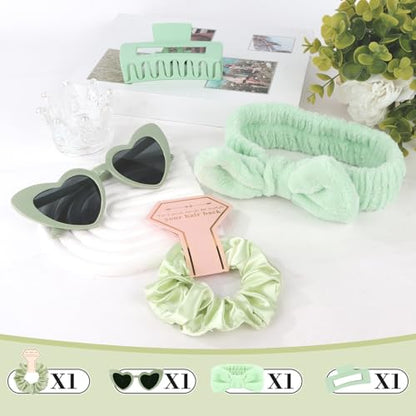 Semato 4 Pcs Green Bridesmaid Proposal Gifts Bridesmaid Spa Headband, Hair Claw Clips, Heart Shaped Sunglasses and Smooth Satin Scrunchies - color: Green