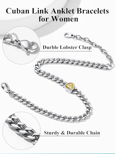 ChainsHouse Cuban Chain Anklets for Women with Heart Birthstone Jan - Dec | Stainless Steel Black Link Chain Ankle Bracelet with Birthstone, Beach Women Anklet 22cm-27cm Adjustable, with Gift Box - color: 05. May-Emerald-Steel