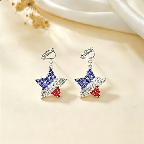 4th of July Independence Day Clip on Earring for Women American Flag Dangle Earrings Patriotic Red White Blue USA Earring, Pave Crystal Stud - color: Red
