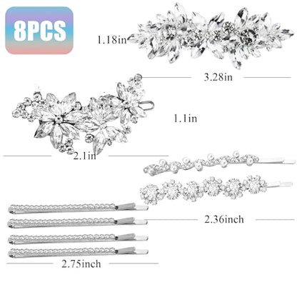 8pcs Rhinestone Side Clips Wedding Silver New Bride Bridesmaid Spring Clip French Hairpins Elegant Floral Stylish Accessories Gift for Women Girls
