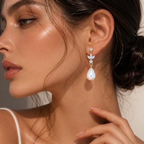 Pearl Dangle Clip On Earrings for Women - 14K Gold Silver Plated Cubic Zirconia Pearl Drop Earrings Trendy Long Non Pierced Bridal Earrings Fashion Jewelry Gifts - color: Gold