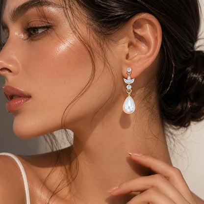 Pearl Dangle Clip On Earrings for Women - 14K Gold Silver Plated Cubic Zirconia Pearl Drop Earrings Trendy Long Non Pierced Bridal Earrings Fashion Jewelry Gifts - color: Gold