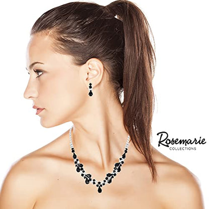 Rosemarie Collections Women's Stunning Rhinestone Crystal Teardrop Statement Necklace Hypoallergenic Drop Earrings Set, 15"+6" Extender - color: Jet Black Silver Tone