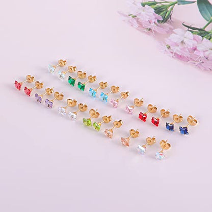 12 Pairs 18K Gold Plated Surgical Stainless Steel Stud Earrings, Star Heart Square Stud Earring for Women, Cubic Zirconia Birthstone Stud Earrings Set - color: Gold Square 3mm