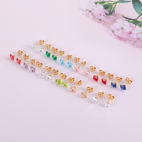 12 Pairs 18K Gold Plated Surgical Stainless Steel Stud Earrings, Star Heart Square Stud Earring for Women, Cubic Zirconia Birthstone Stud Earrings Set - color: Gold Square 4mm