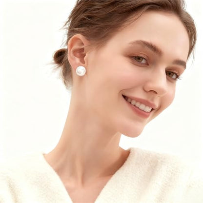 White Faux Pearl Stud Earrings, S925 Silver Posts Hypoallergenic for Women - color: Pinkish White, size: 14mm