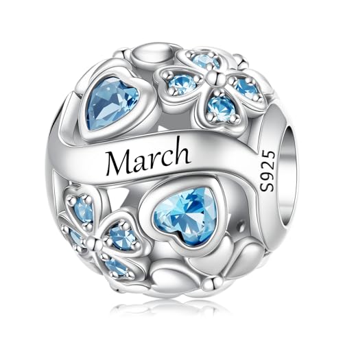 LNQOBU 925 Sterling Silve Lucky Birthstone Charm for Bracelets, With 5A Cubic Zirconia Birthday Charms Dangle Pendant Bead for Pandora Bracelets and Necklaces - color: C1-March
