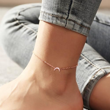ChicSilver Personalized 925 Sterling Silver Tiny Heart/Moon/Star/Sun/Dot/Triangle Anklets Simple Dainty Foot Jewelry for Women, Silver/Gold Plated/Rose Gold Plated - style: Rose Gold Moon Custom