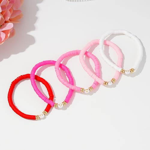 Summer Surfer Heishi Bracelet Set for Women Stackable Gold Plated Clay Ploymer Bead Stretch Pink Beach Layering Bracelets Jewelry - color: A-Love 5pcs