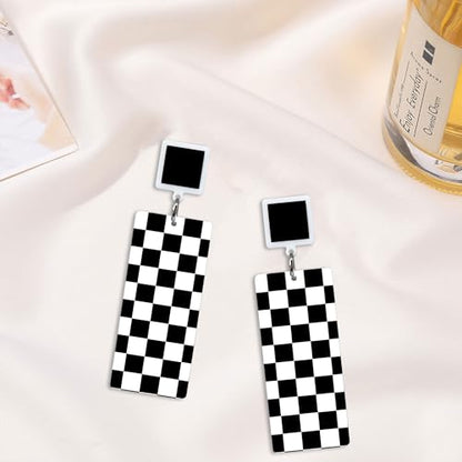 KaFu Checkerboard Earrings for Women 70s 80s Retro Acrylic Black White Striped Checkered Geometric Dangle Earrings Resin Rectangle Earrings Statement Jewelry - color: style-1