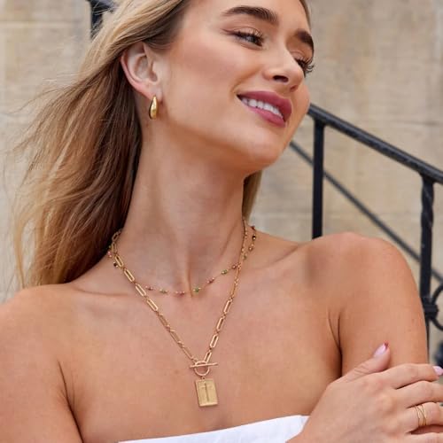 18k Gold Plated Chain Link Necklace for Women, Baroque Pearl/Compass Pendant Necklace - color: Rectangle Cross