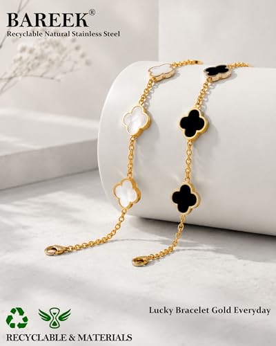 Four Leaf Clover Bracelet for Women 18K Gold Plated Stainless Steel 4 Leaf Link Chain Adjustable Bracelets Lucky Gift for Women/White/Black/Rich Red/Emerald Green/ Navy Blue/Pink Bracelets - color: White/Gold