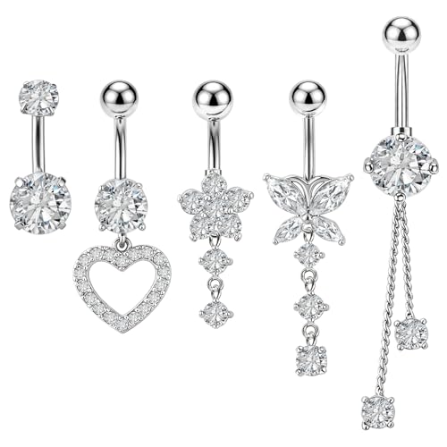 Belly Button Ring Dangle Navel Belly Piercing Jewelry with Cute Heart Butterfly Bow Flower Fake Floating Bellys Buttons Ring for Women Stainless Steel Dainty Dangly Bellys Button Piercing - color: Silver with White