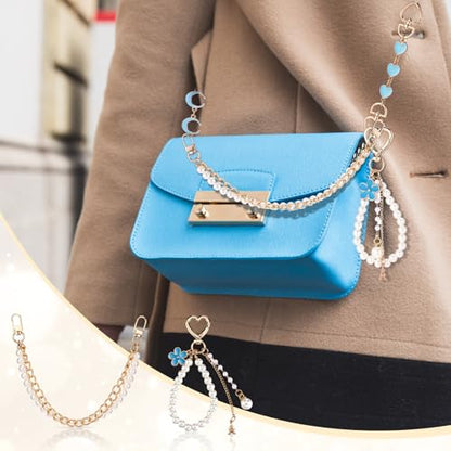 Sureio 5 Pcs Bag Extender Chain Pearl Purse Chain Ribbon Bow Keychain Extender Bag Strap Purse Charms Accessories for Handbag - color: Blue and Gold