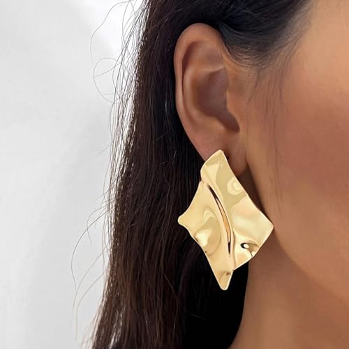 REELMAR Chunky Geometric Clip On Earrings for Women Trendy Gold-Plated Thick Hammered Rectangle Dupes Earrings Minimalist Statement Earrings No Piercing Clips - color: Chunky-Silver