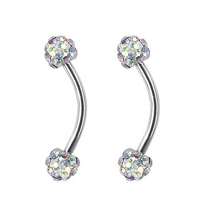 ZS 16 Gauge Eyebrow Rings Curved Barbell 4mm Crystal Ball Belly Button & Nipple Rings - color: AB white 2pcs