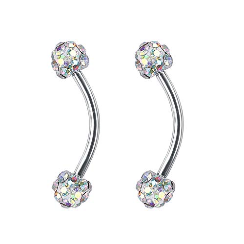ZS 16 Gauge Eyebrow Rings Curved Barbell 4mm Crystal Ball Belly Button & Nipple Rings - color: AB white 2pcs