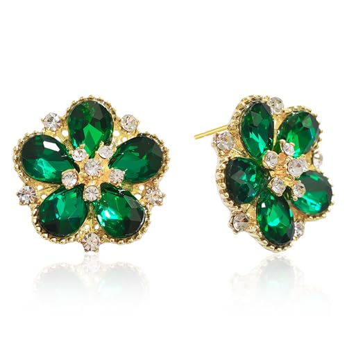 Bohemian Sparkly Crystal Flower Sliver Lightweight Stud Earrings Peach Blossom Rhinestone Floral Dangle Earrings For Women Jewelry Gifts - color: Green