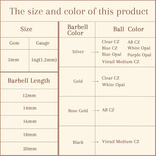 AROWRO Nipple Piercing Jewelry Nipple Rings Titanium Nipple Rings Implant Grade Hypoallergenic 14G Internally Threaded Straight Barbells with Cubic Zirconia Opal Gold Silver Rose Gold Black 12mm 14mm 16mm 18mm 20mm - color: Silver+Vitrail Medium CZ
