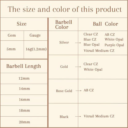 AROWRO Nipple Piercing Jewelry Nipple Rings Titanium Nipple Rings Implant Grade Hypoallergenic 14G Internally Threaded Straight Barbells with Cubic Zirconia Opal Gold Silver Rose Gold Black 12mm 14mm 16mm 18mm 20mm - color: Silver+Vitrail Medium CZ