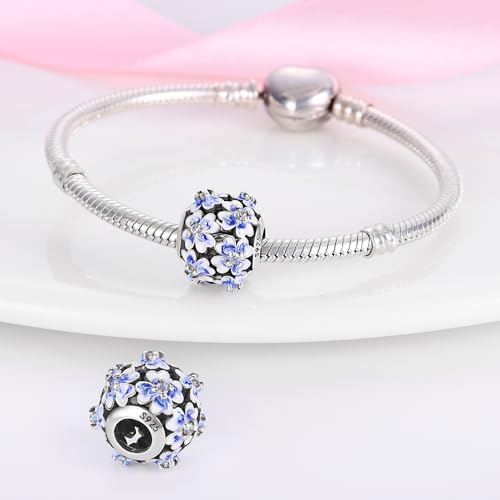 Pandach 925 Sterling Silver Charms for Bracelet&Necklace Dangle Pendant Bead with 5A Cubic Zirconia Stones,Jewelry Beads Gifts for Women - style: Blue travel flower beads