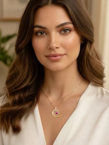 Midari 18K Yellow Gold Sun Moon Star Pendant Rose Flower Necklaces I Love You Forever Sun Moon Jewelry Gift for Mother Women - color: 07-Jul-Ruby, style: Sun&Moon