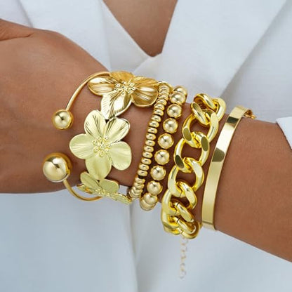 Golden Stackable Bracelets Set for Women Trendy Multi Layer Adjustable Chunk Flower Cuff Bracelet Geometric Irregular Wave Statement Bangle Glamour Stacking Cuff Jewelry - color: Gold-D