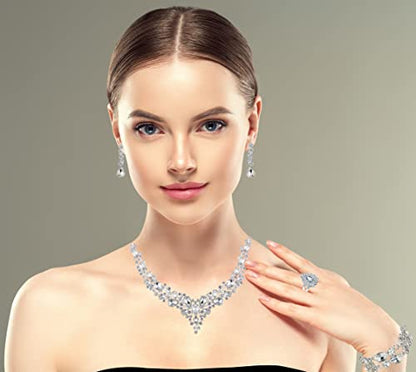 Paxuan Crystal Bridal Wedding Jewelry Sets for Women Rhinestone Teardrop Crystal Statement Choker Necklace Drop Earrings Link Bracelets Rings Teardrop Jewelry Set for Brides Bridesmaids - color: White