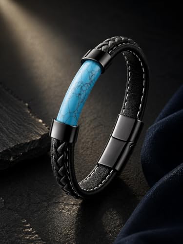 Mens Black Leather Obsidian/Turquoise/Tiger Eye/Red Agate Bracelet–Braided Multi‑Layer Wristband Cuff Bangle Bracelet with Stainless Steel Clasp Gift Jewelry Box Included - color: Style 2: Turquoise, size: 8.3in(Fits most wrists)