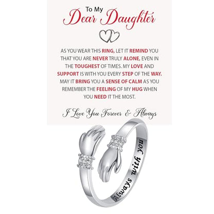 Granddaughter Daughter Hug Ring For Hope Rings, Stainless Steel Inspirational Jewelry Engraved Always With You Love You Forever Message Adjustable Non Tarnish Jewelry Birthday Gift Card - color: Always with you Diamond(Daughter)