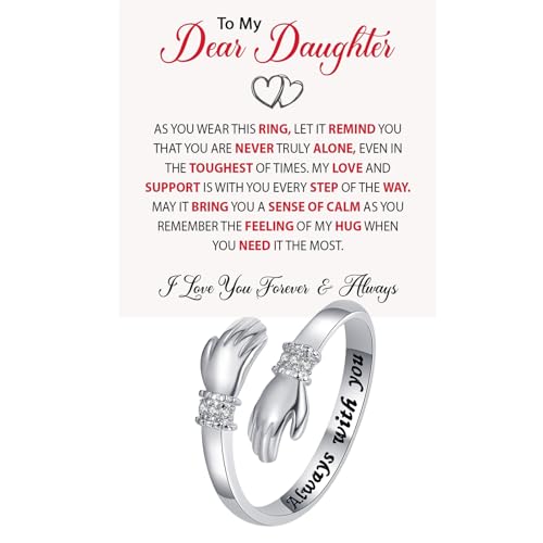 Granddaughter Daughter Hug Ring For Hope Rings, Stainless Steel Inspirational Jewelry Engraved Always With You Love You Forever Message Adjustable Non Tarnish Jewelry Birthday Gift Card - color: Always with you Diamond(Daughter)