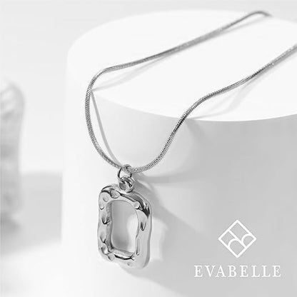 Evabelle Gold Layered Necklace for Women Trendy Jewelry 14K Real Gold Plated Chunky Chain Stackable Necklaces Dainty Choker Necklaces Rectangle Square Pendant - color: Silver Necklace 01