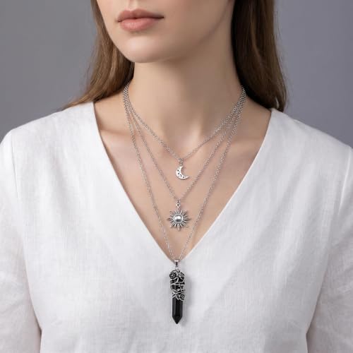 Gothic Emo Grunge Crescent Moon Layered Choker for Women | Boho Moon Sun Star Crystal Pendant Necklace, Punk Witchy Halloween Christmas Jewelry Accessories Gifts - color: Black