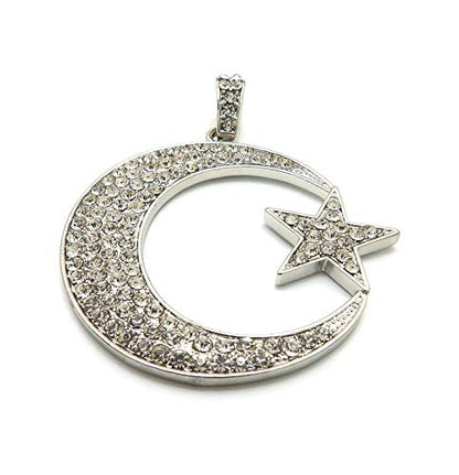 Fashion 21 Unisex Iced Out Crescent Moon & Star Pendant 24" Various Chain Necklace in Gold, Silver Tone - color: Silver / Pendant Only