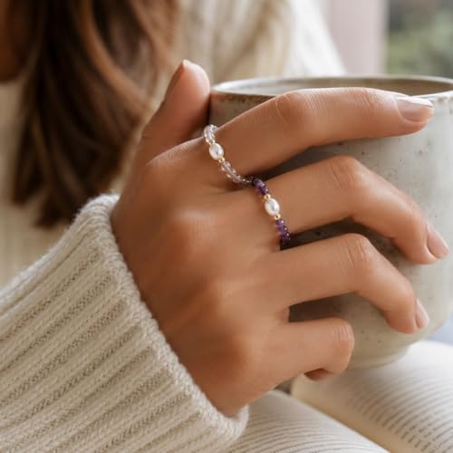 4Pcs Crystal and Amethyst Beaded Ring Set for Women, Handmade Stackable Stretch Rings with Pearl Accent, Dainty Gift Jewelry