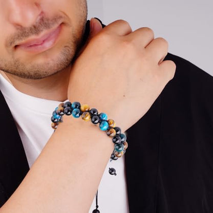 Triple Protection Bracelet,Bracelets for Men Women, Natural Tiger Eye Jewelry Stone Hematite and Blue Stone Hematite 8mm Crystal Bracelet - Adjustable Size with Premium Gift-Box - color: Blue-Brown-Black