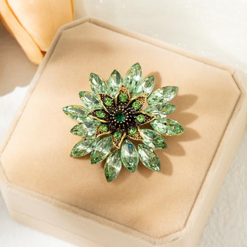 Sparkling Rhinestone Flower Brooch Pin Fashion Crystal Sunflower Brooch Floral Lapel Pins Red/Green/Purple/Pink Crystal CZ Broochs Large Flower Pin Clothes Hat Bag Dress Broochs Wedding Bridal Jewelry for Women - color: Green
