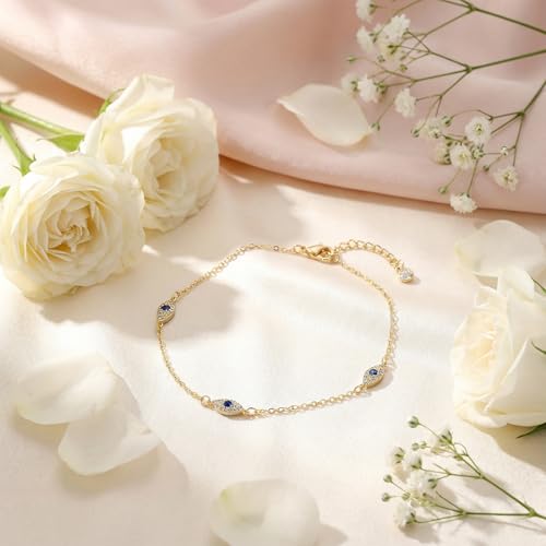 Dainty Anklets for Women, 14K Gold Plated & Sterling Silver Plated Ankle Bracelets, Adjustable, Waterproof & Hypoallergenic Summer Beach Foot Jewelry in Assorted Styles - style: Evil Eye Anklet Gold
