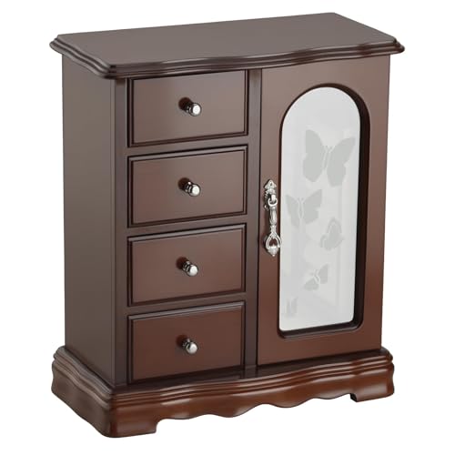 RR ROUND RICH DESIGN Solid Wood Jewelry Box Brown | Large Organizer with 4 Drawers, Built-in Necklace Carousel & Large Mirror - style: Fashion Brown