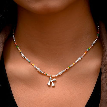 Ritach Initial Necklaces for Women Girls Kids - Light Colorful Beaded Pearl Initial Necklace Gold/Silver Bubble Pendant Letter Necklace for Women Teens Girls Kids Birthday Gifts - color: Silver, style: M