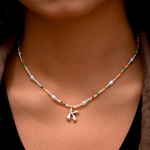 Ritach Initial Necklaces for Women Girls Kids - Light Colorful Beaded Pearl Initial Necklace Gold/Silver Bubble Pendant Letter Necklace for Women Teens Girls Kids Birthday Gifts - color: Silver, style: D