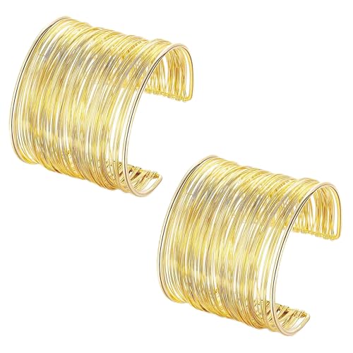 2 Pcs Gold Cuff Bangle Bracelet Set for Women Irregular Minimalist Statement Bangle Bracelets Wide Open Chunky Wire Bracelets Wrist Cuff Adjustable Hammered Bracelet - color: Gold D