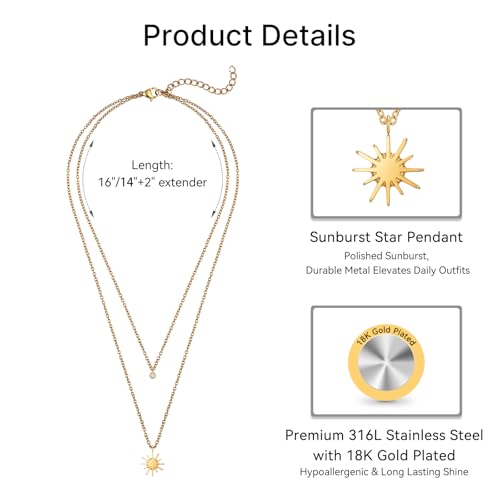 Dainty 316L Stainless Steel Layered Necklace for Women, Cubic Zirconia Layered Double Pendant Chain Necklace Jewelry Trendy - color: 18KPG
