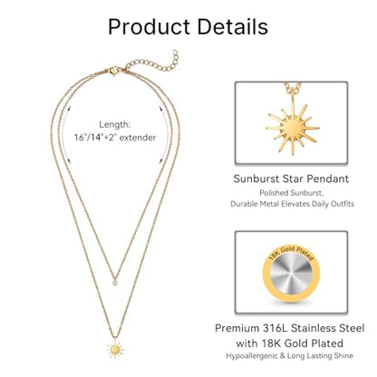 Dainty 316L Stainless Steel Layered Necklace for Women, Cubic Zirconia Layered Double Pendant Chain Necklace Jewelry Trendy - color: 18KPG