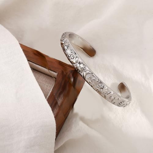 Embossed Moon Star Sun Bangle Cuff Bracelet for Women Fashion CZ Insected Celestial Open Adjustable Statement Bracelets Lightweight Boho Wrist Wrap Dress Accessories Jewelry Gift - color: Silver