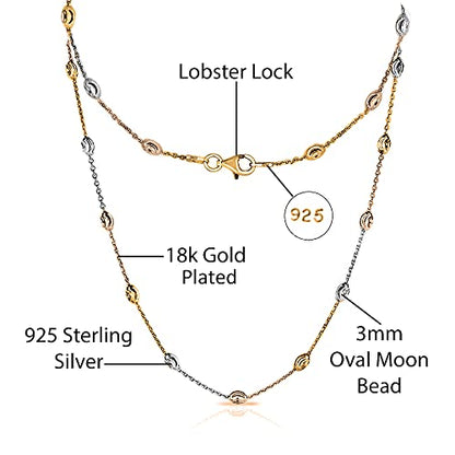 Savlano 18K Gold Plated Over 925 Sterling Silver Station Oval Moon Bead Necklace Chain For Women. Silver, Gold, Rose Gold - Made in Italy Comes With a Gift Box - style: Tri Color