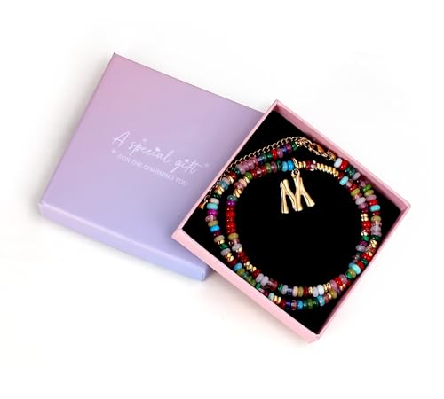YOUFENG Initial Letter Necklaces for Women Colorful Beaded Gemstone Choker 14K Gold Plated Bamboo Letter Pendant Necklace Natural Stone Handmade Jewelry Gift - color: J