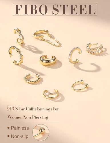 9PCS Ear Cuff Earrings for Women Non Piercing 14K Gold Plated - Hypoallergenic Adjustable Ear Cuffs Trendy Non Tarnish Clip on Cartilage Fake Earring Stacks Wrap Jewelry - color: Gold-14K